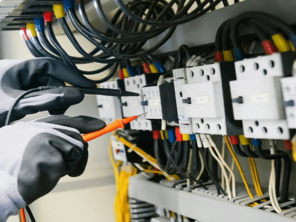 Elektryk przy rozdzielnicy – odpad kablowy z instalacji